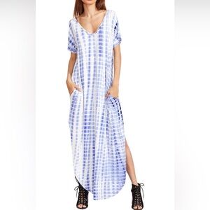 Women's Boho Maxi Short Sleeve Split Pockets Tie Dye Long Dress Blue